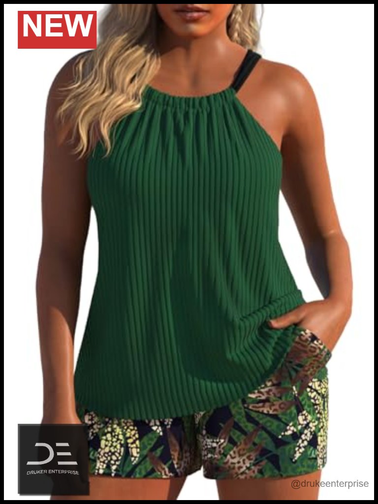 Ruched Tankini Top With Board Shorts, Adjustable Straps, Crisscross Back